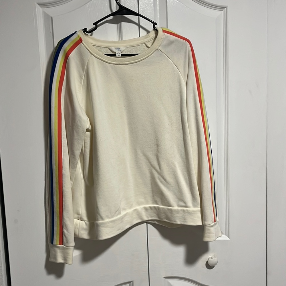 Cream crew neck sweater with color stripes on the arms, time and tru size L